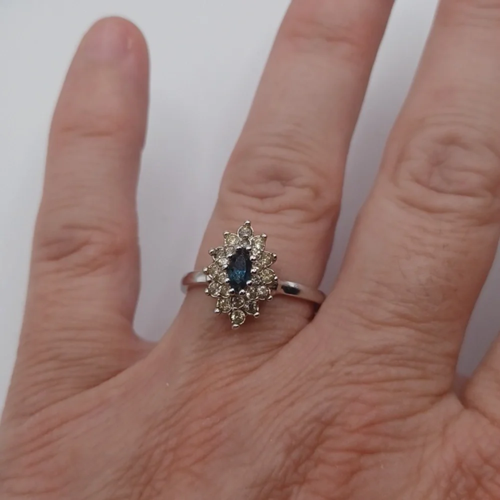 18K GE Faux Sapphire and Clear Rhinestone Ring Sz 8.75